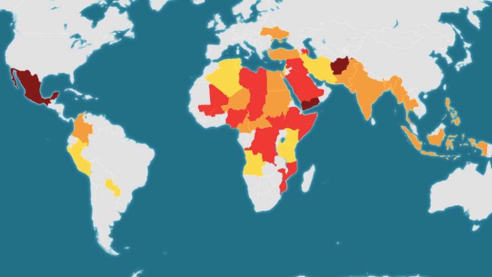 Map of the world highlighting conflict zones.
