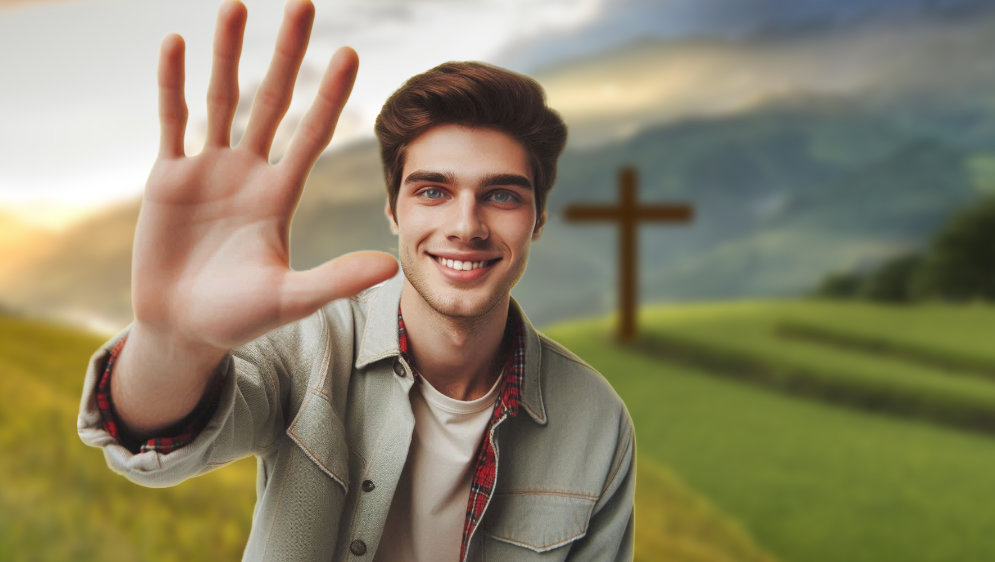A man in the foreground, waving at the camera with a cross in the background.