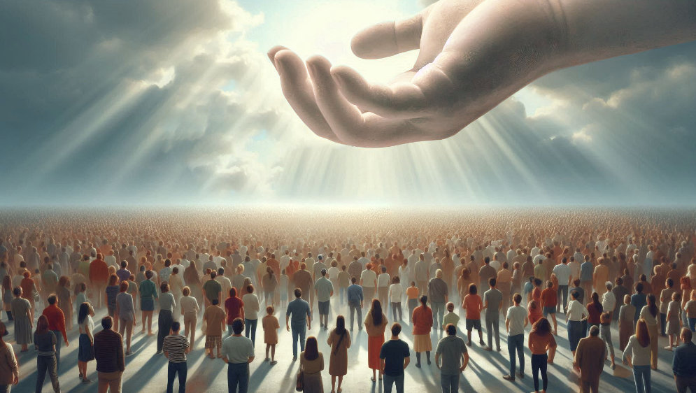 A crowd of people, looking up at a giant open hand.